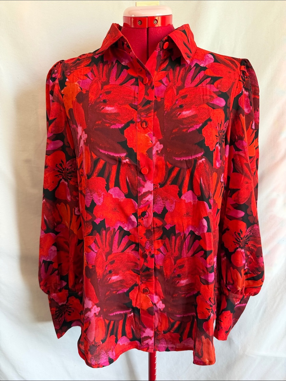 Red Floral Button-Front Blouse - Women's Shirt